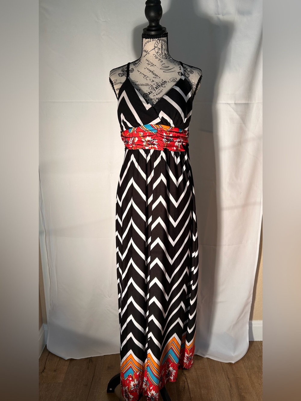 Black & White Chevron Maxi Dress with Red Floral Waist